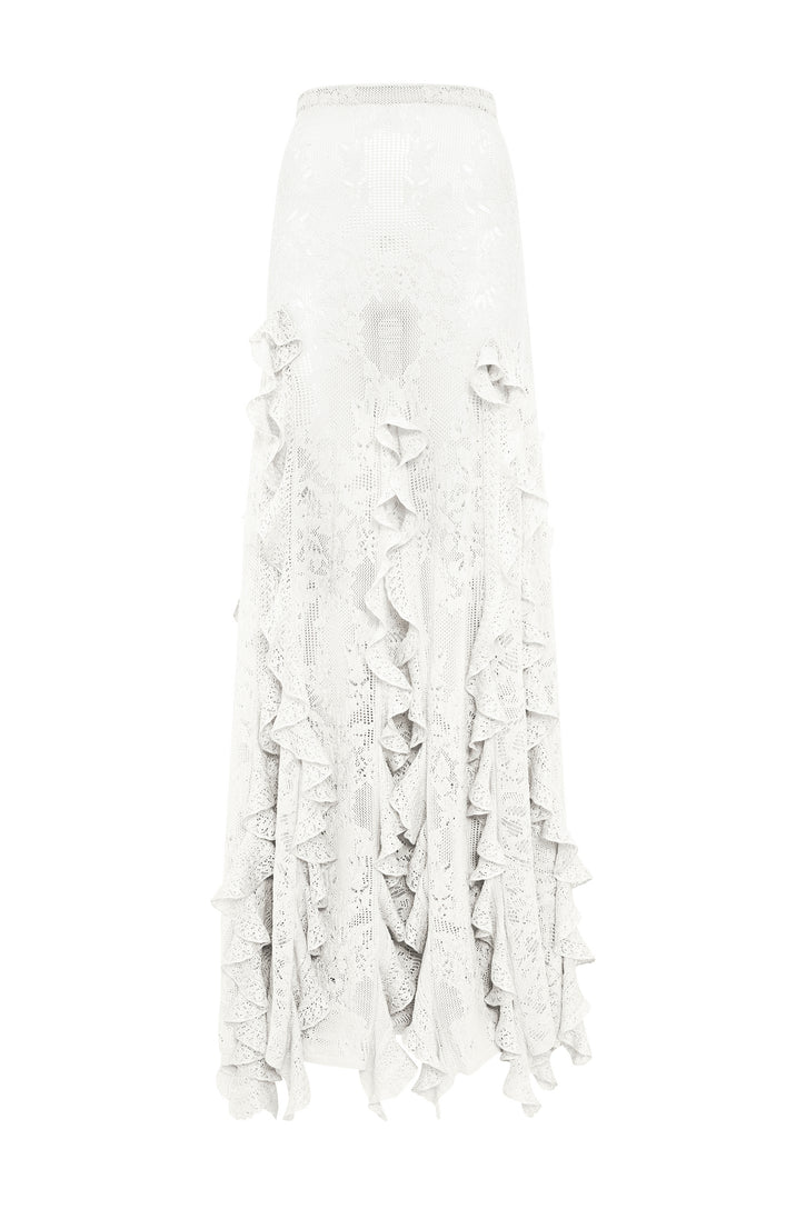 Garnet Pointelle Knit Lace Skirt in Ivory Silk Merino Wool with Custom Ruffles