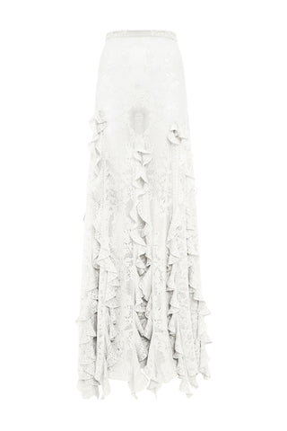 Garnet Pointelle Knit Lace Skirt in Ivory Silk Merino Wool with Custom Ruffles