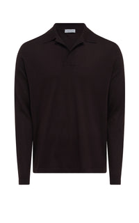 Frome Knit Long Sleeve Polo in Chocolate Cashmere