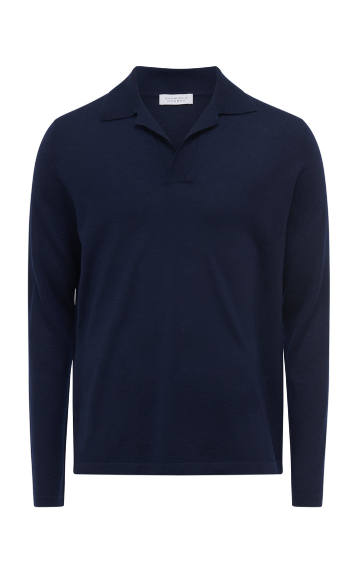 Frome Knit Long Sleeve Polo in Dark Navy Cashmere