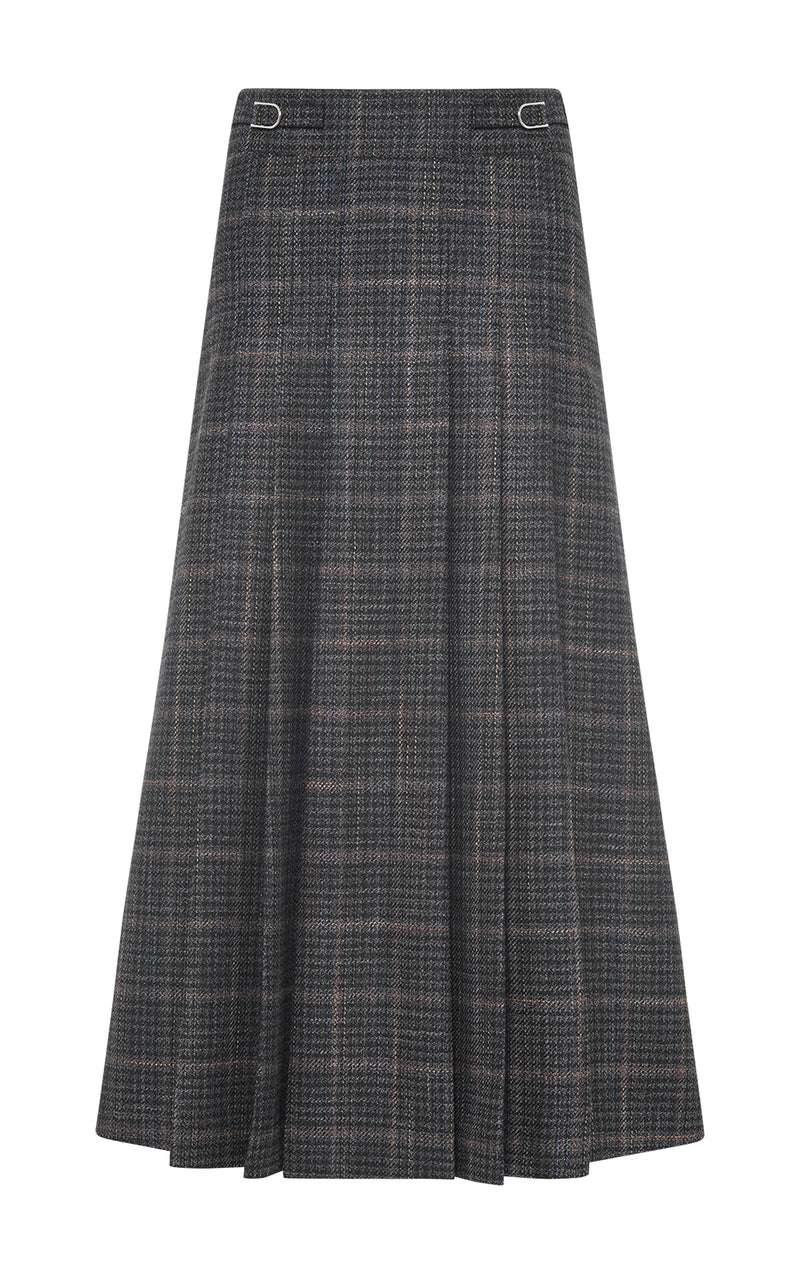 Charcoal Wool Plaid Wesley Pleated Midi Skirt - Front View | Gabriela Hearst