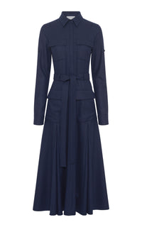 Meyer Pleated Maxi Shirtdress in Navy Wool Cashmere Flannel