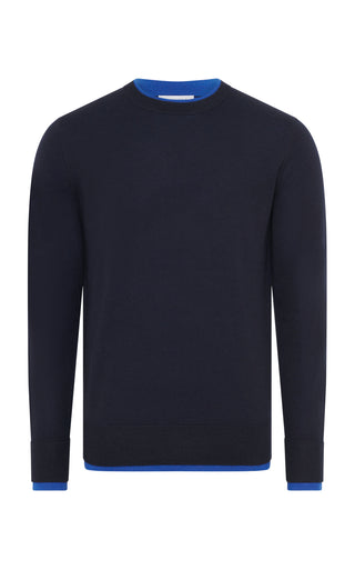 Navy Cashmere Silk Wells Reversible Crewneck Sweater with Cobalt Trim - Front View | Gabriela Hearst