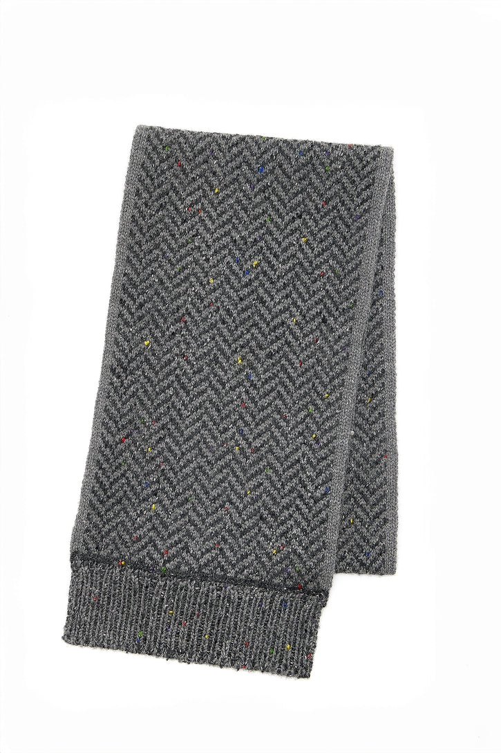 Stanza Fringe Knit Scarf in Charcoal Multi Speckled Aran Cashmere Herringbone M