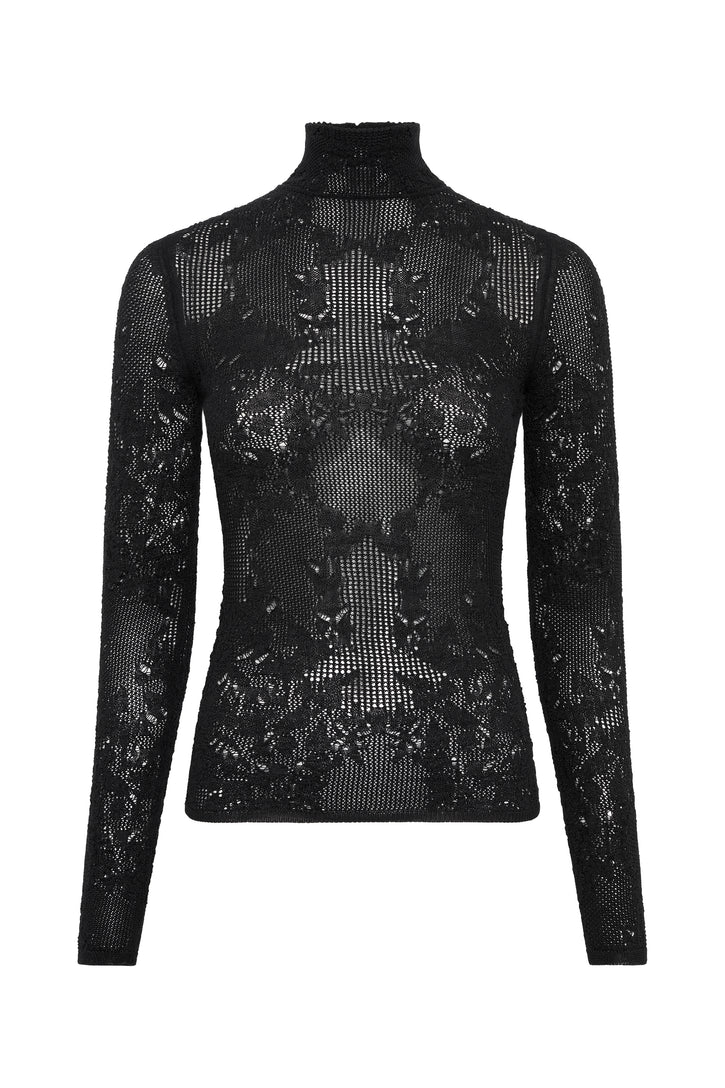 Waite Knit Top in Black Merino Wool Silk Lace