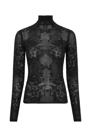 Waite Pointelle Knit Lace Top in Black Silk Merino Wool