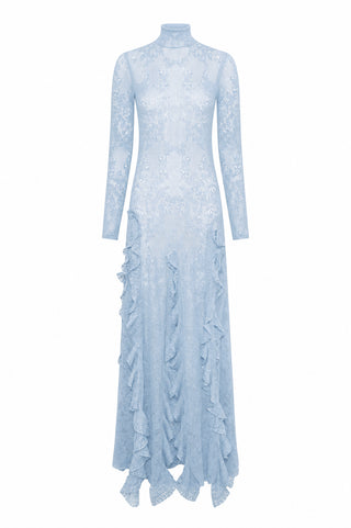 Solway Pointelle Knit Lace Dress in Light Blue Silk Merino Wool with Custom Ruffles