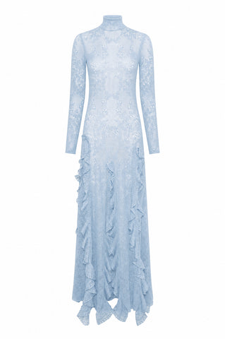 Solway Pointelle Knit Lace Dress in Light Blue Silk Merino Wool with Custom Ruffles