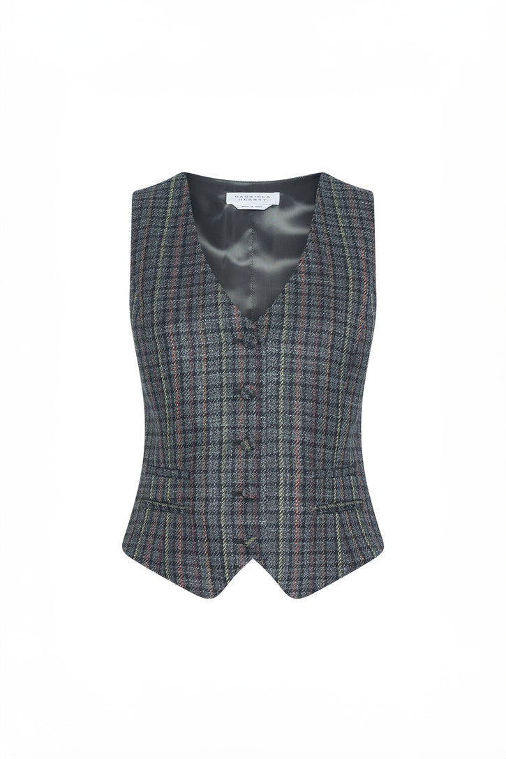 Coleridge Vest in Charcoal Multi Wool Silk Houndstooth