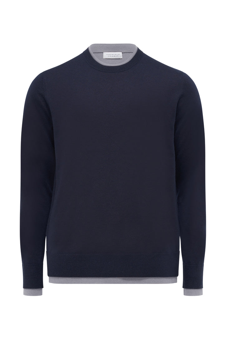 Wells Knit Sweater in Dark Navy & Heather Grey Cashmere Silk