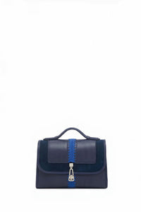 Small Leonora Flap Embroidered Bag in Electric Navy & Cobalt Nappa Leather