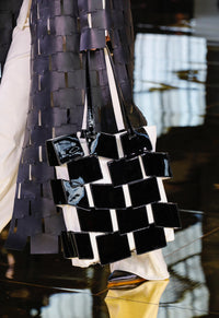 Lacquered Tote Bag in Black & Ivory Patchwork Leather