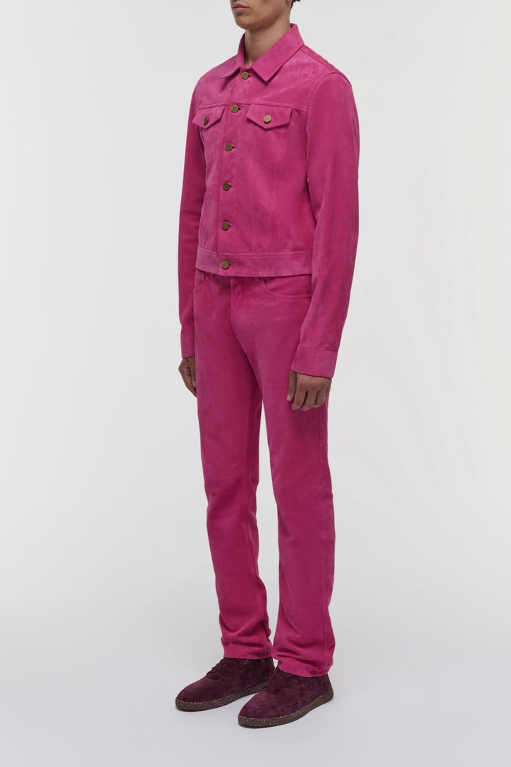 Barry Trucker Jacket in Fuchsia Suede Corduroy
