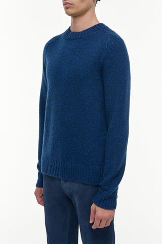 Electric Navy Speckled Cashmere Daniel Knit Sweater - Side Profile On Model | Gabriela Hearst