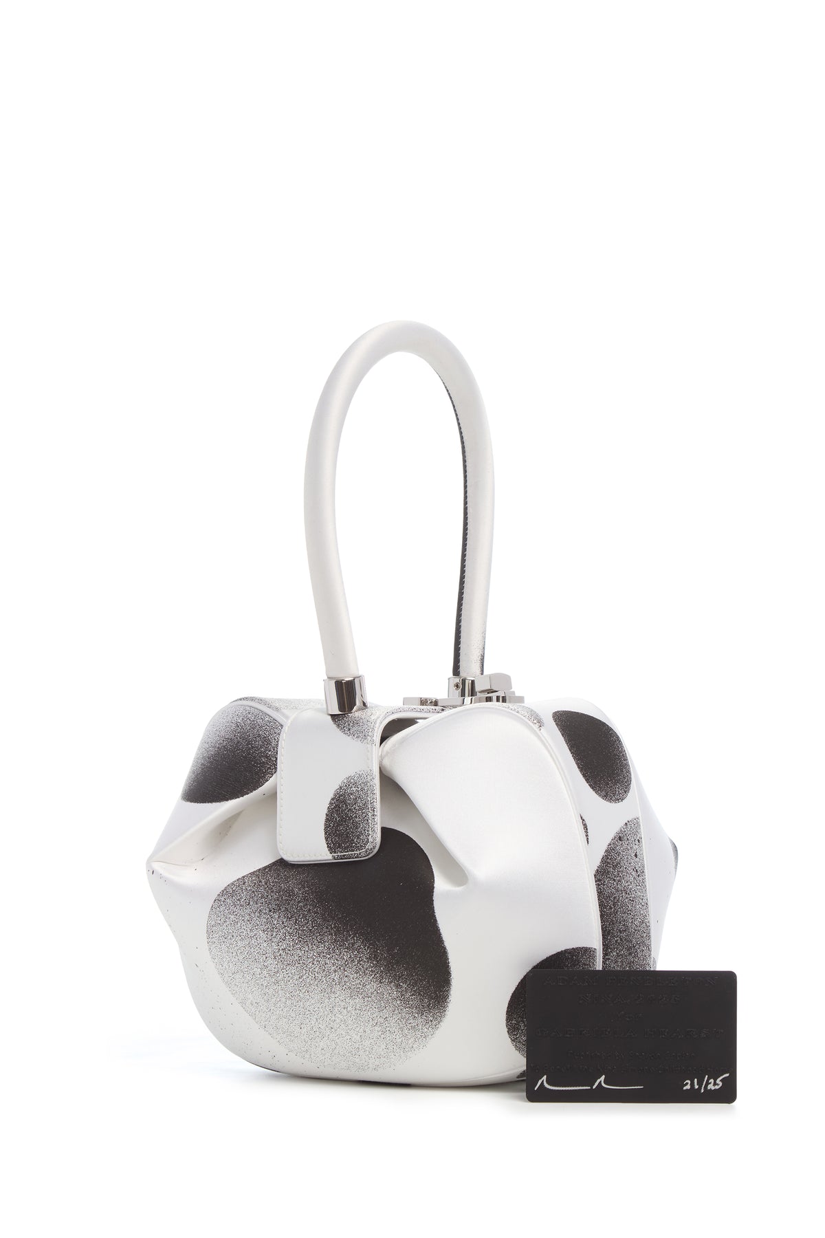 Hand-Painted Black White Satin Nina Bag - Front View with Artist Signature | Gabriela Hearst