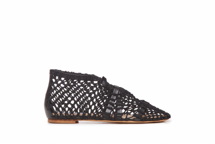 Sage Crochet Flat Shoe in Black Leather