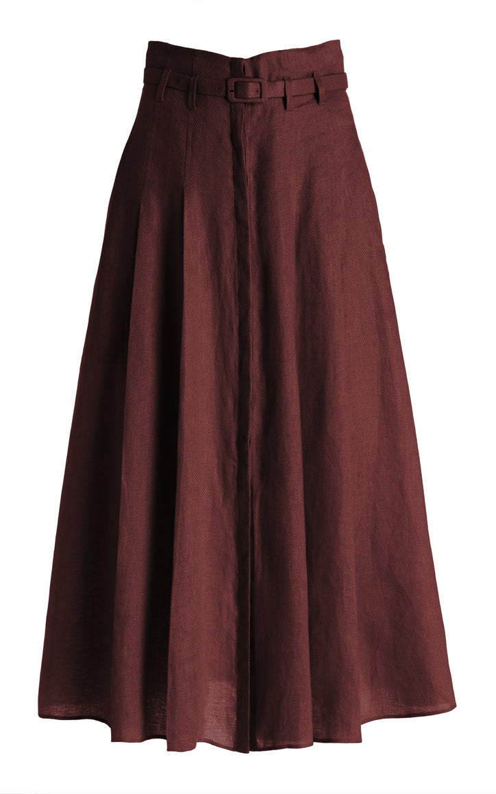 Dugald Pleated Midi Skirt in Deep Bordeaux Linen