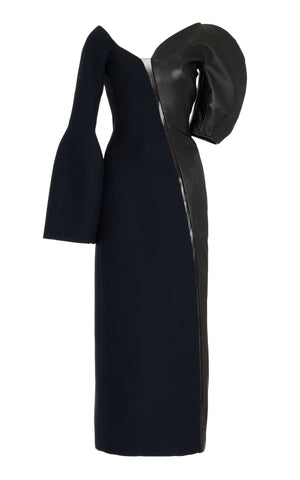 Merlin Dress in Black Structured Silk Wool Cady and Leather