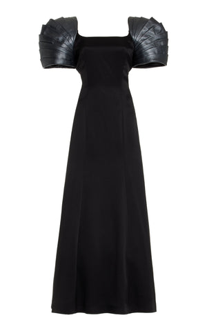 Duchess Dress in Black Silk with Metallic Leather Shoulders