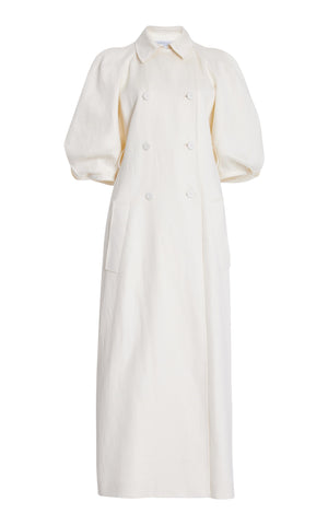 Iona Puff-Sleeve Trench Coat in Ivory Linen