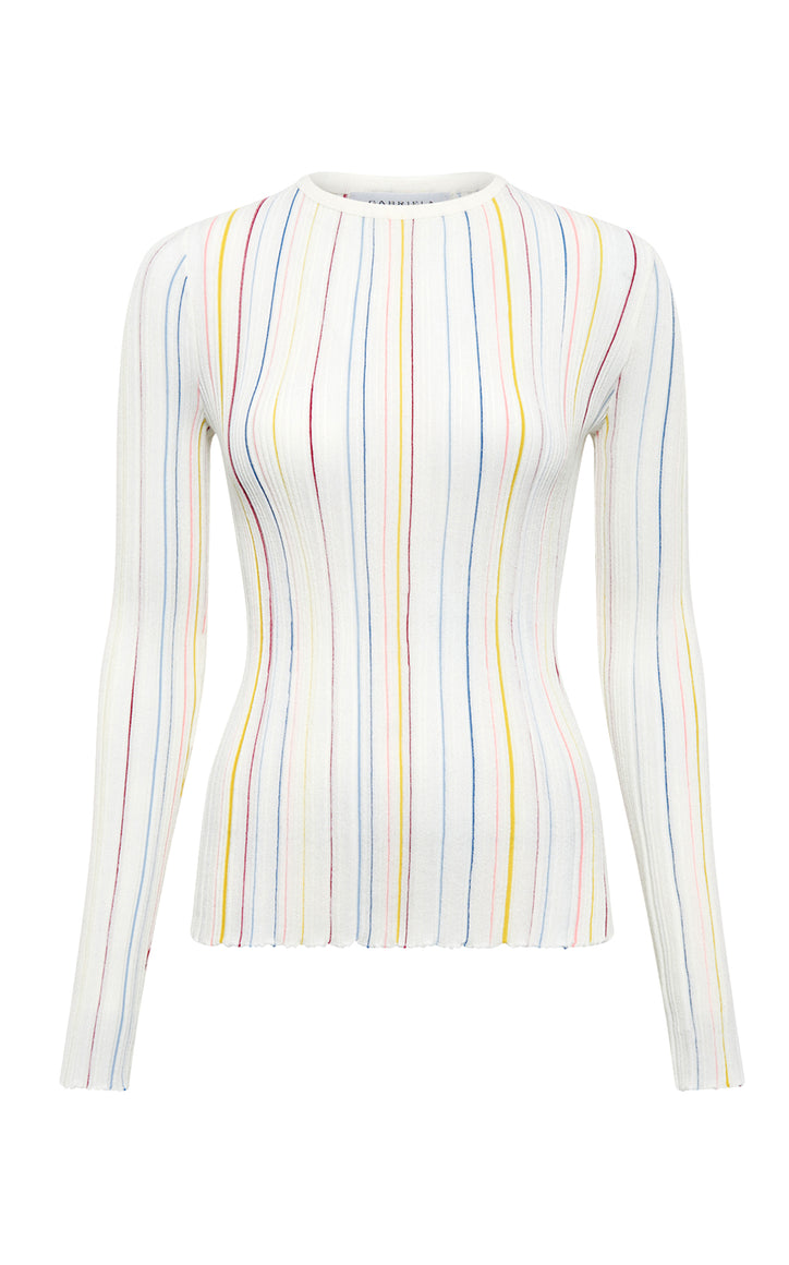 Augie Pinstripe Knit Sweater in Ivory Multi Merino Wool