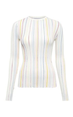 Augie Pinstripe Knit Sweater in Ivory Multi Merino Wool