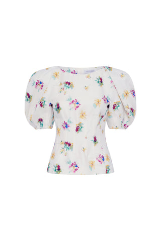 Ivory Linen Ayelet Puff Sleeve Top with Mia's Flowers Print - Product View | Gabriela Hearst