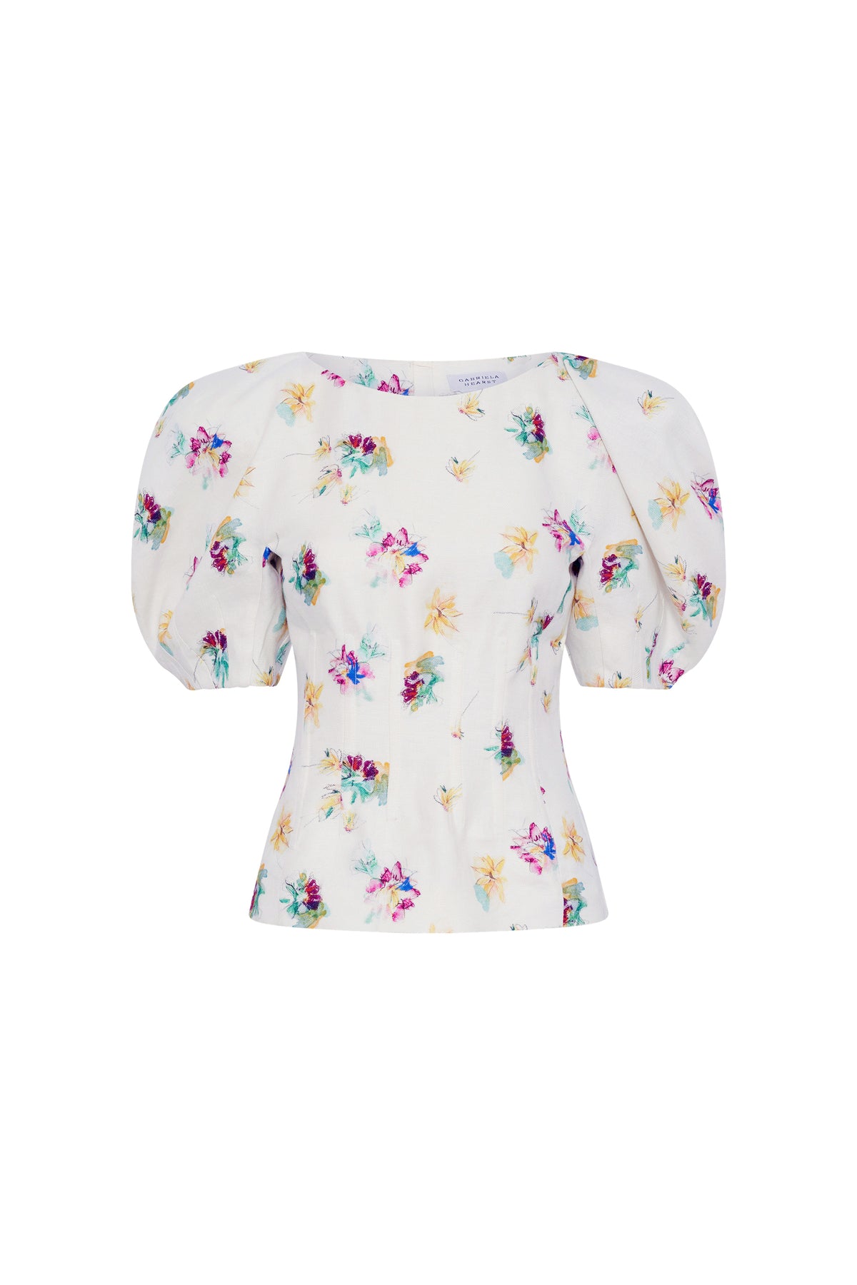 Ayelet Puff Sleeve Mia's Flowers Top in Ivory Multi Printed Linen Twill