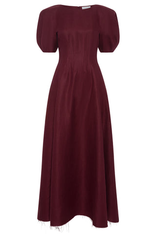 Ranya Puff Sleeve Maxi Dress in Bordeaux Linen Twill