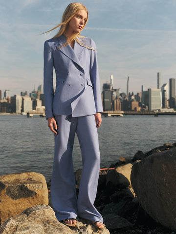 Stephanie Blazer in Light Blue Silk Wool and Linen Twill