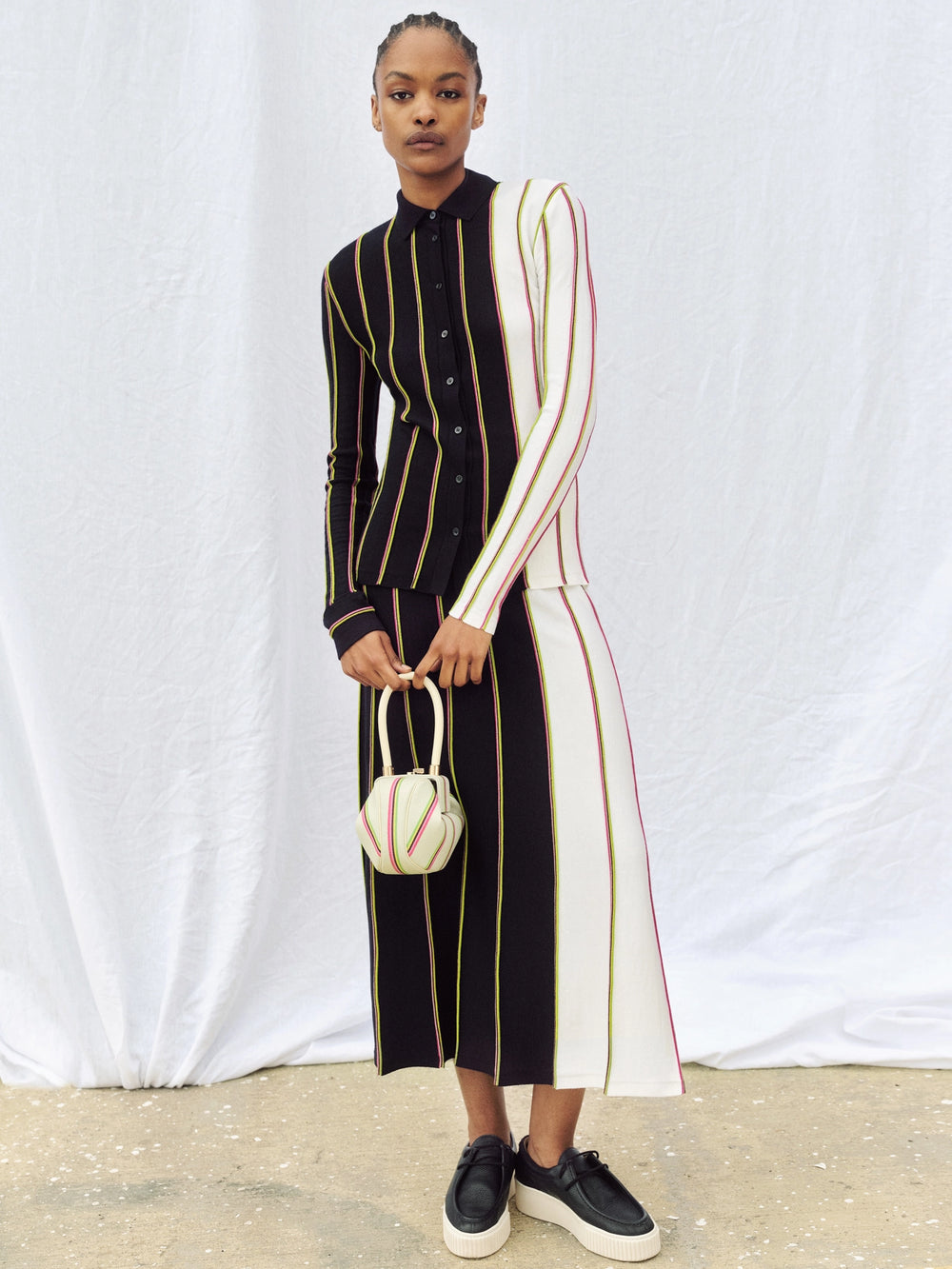 Tessa Knit Shirt in Navy Multi Striped Merino Wool