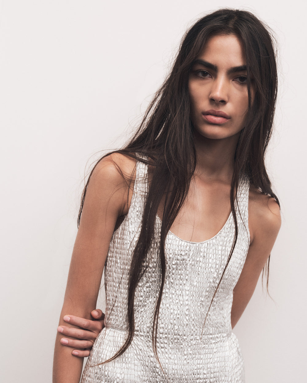 Girard Shirred Maxi Dress with Lining in Silver Metallic Nappa Leather