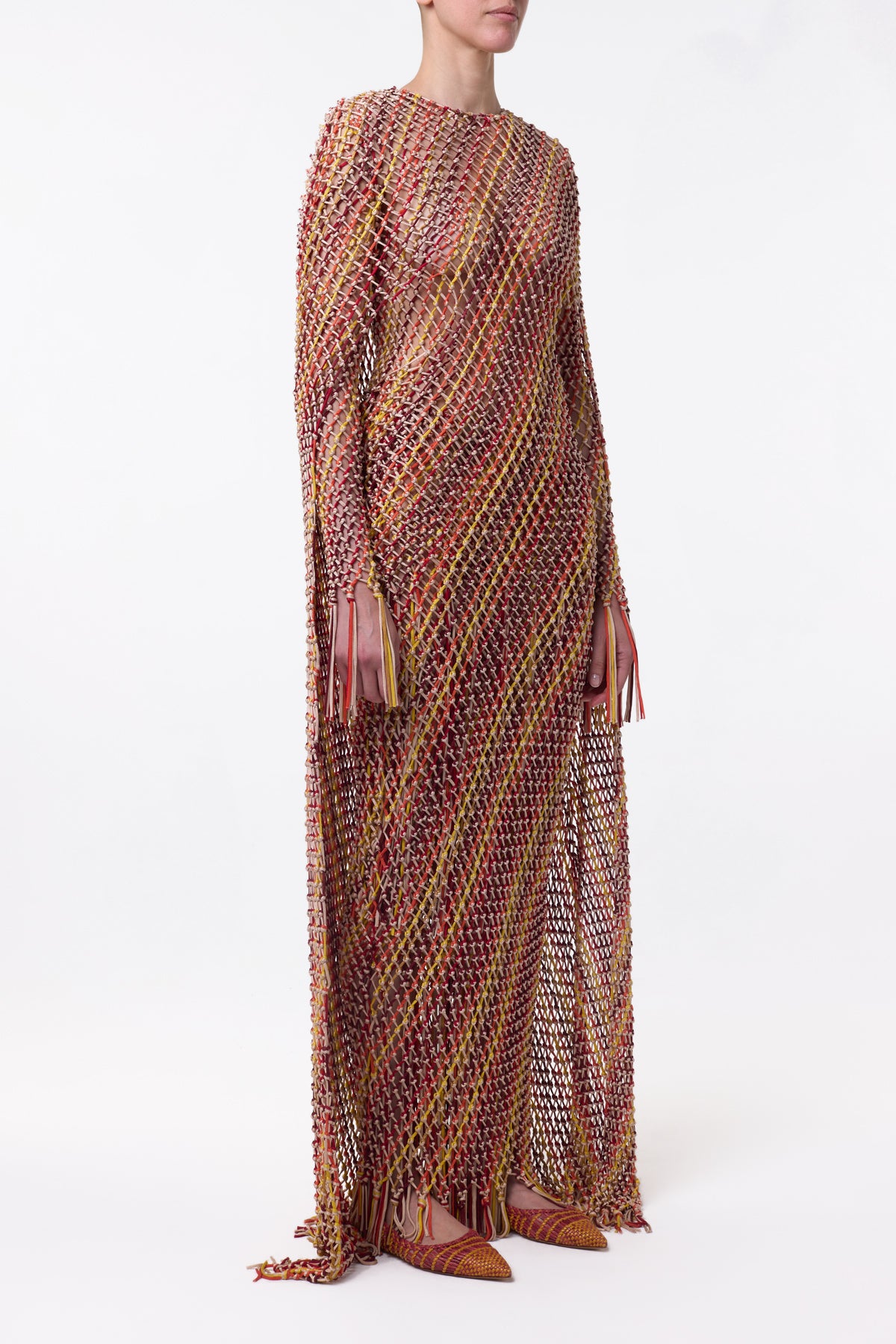 Matheia Fringe Macrame Maxi Dress in Multi Silk