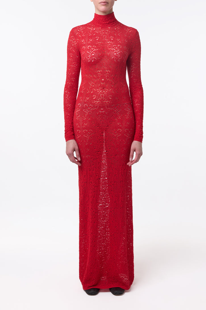 Lethe Pointelle Knit Maxi Dress in Scarlet Red Virgin Wool Silk