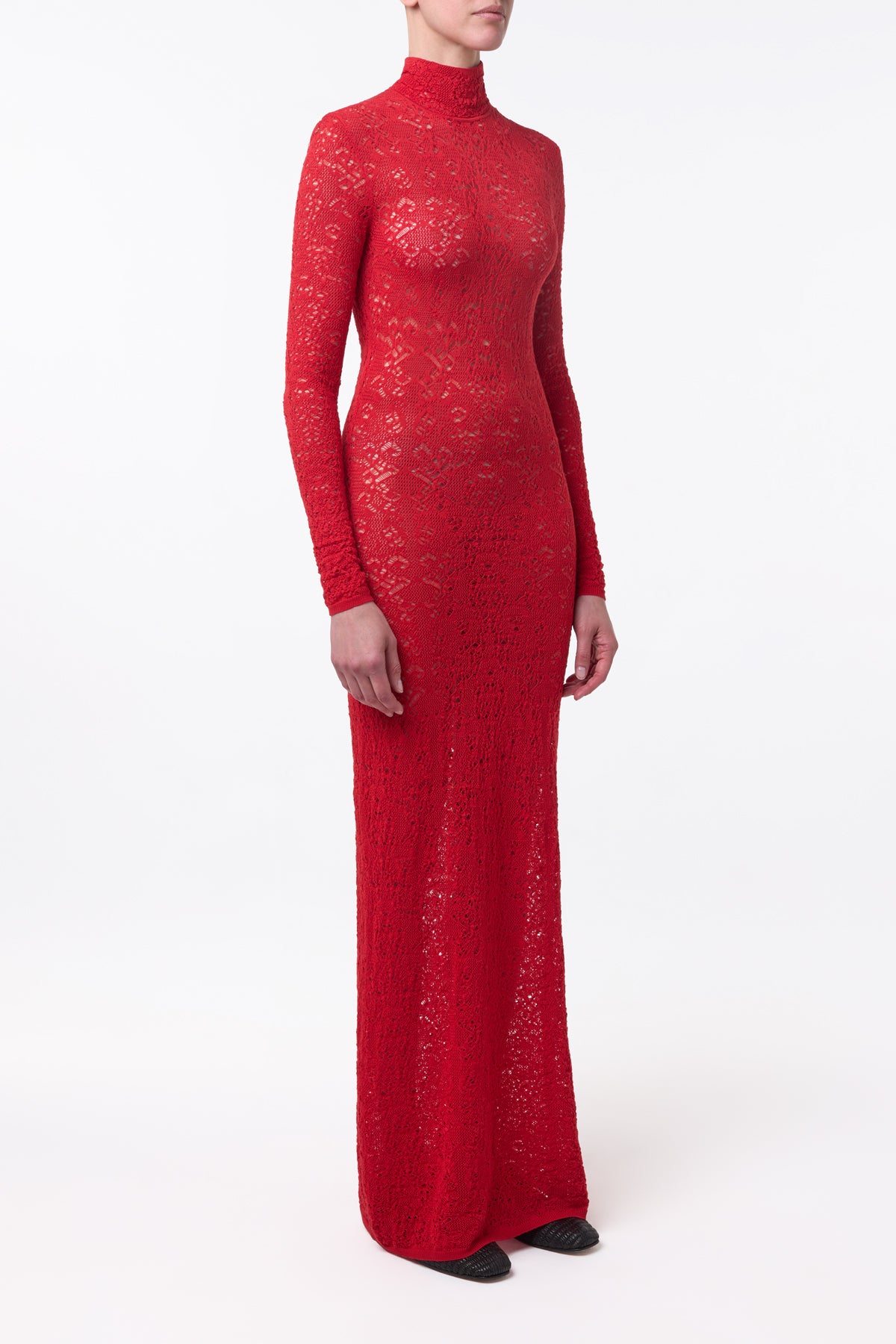 Lethe Pointelle Knit Maxi Dress in Scarlet Red Virgin Wool Silk