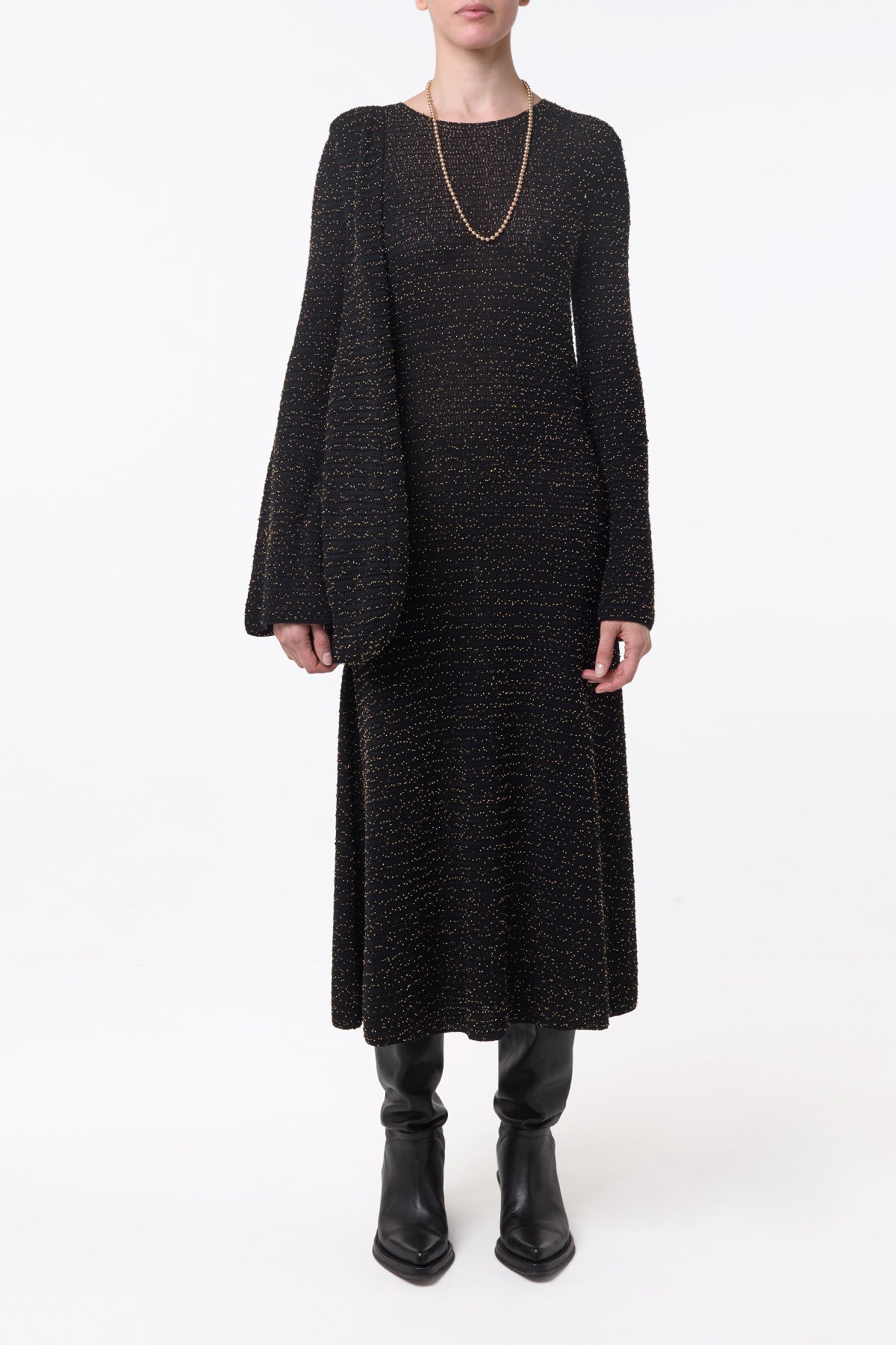 Opora Knit Midi Dress in Black & Gold Beaded Cashmere