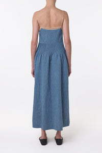 Althea Lace Slip Maxi Dress in Light Blue Recycled Cotton Linen Denim