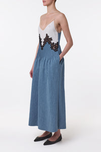 Althea Lace Slip Maxi Dress in Light Blue Recycled Cotton Linen Denim