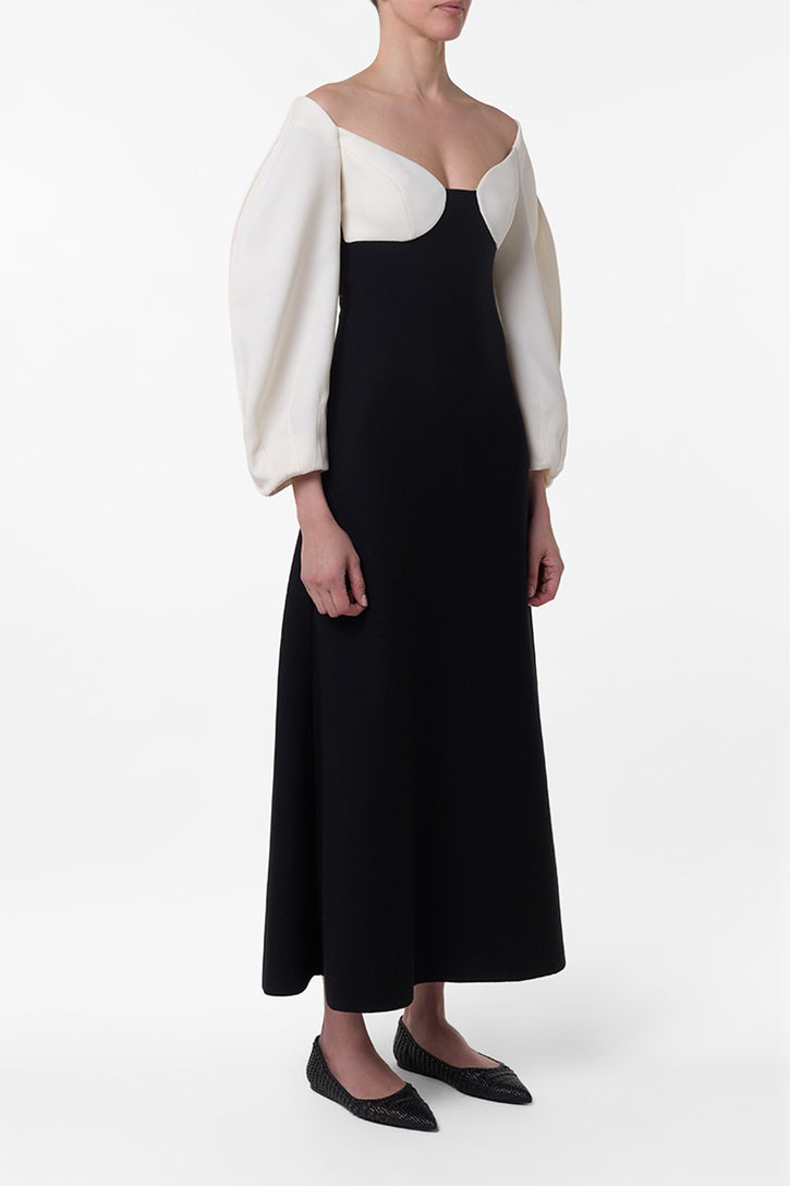 Dee Maxi Dress in Ivory & Black Wool Crepe