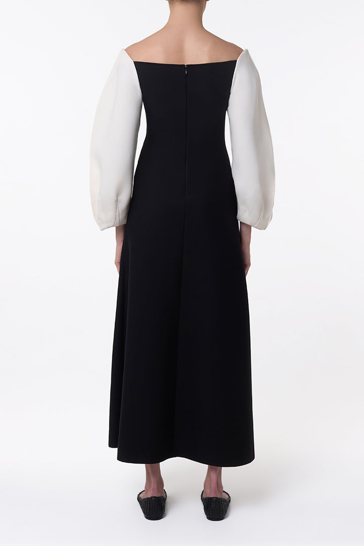 Dee Maxi Dress in Ivory & Black Wool Crepe