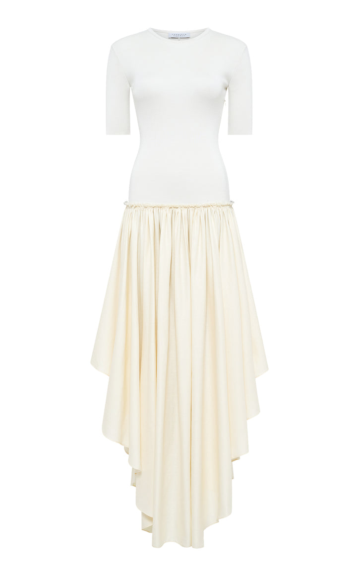 Sirona Pleated Maxi Dress in Ivory Virgin Wool Silk with Linen