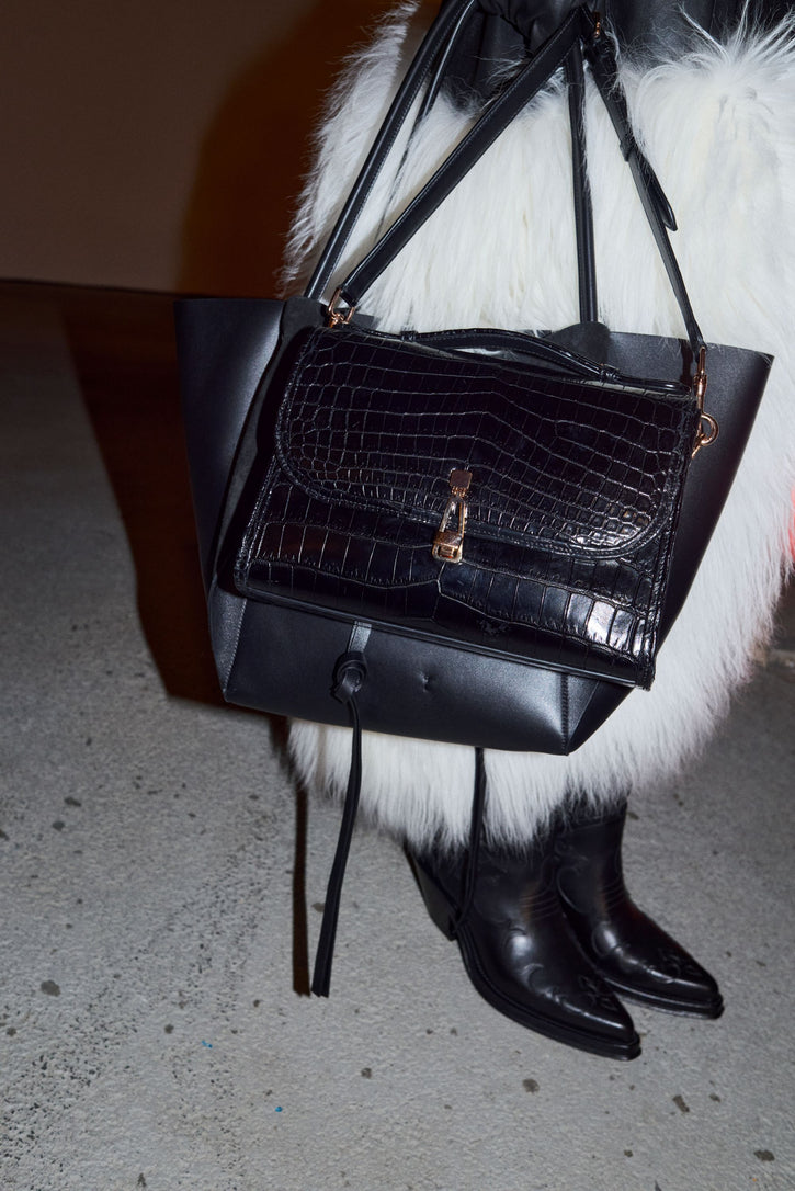 Medium Leonora Flap Bag in Black Crocodile Leather with Sunglasses Pouch