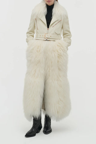 White Textured Leather Shearling Coat - Front On Model | Gabriela Hearst