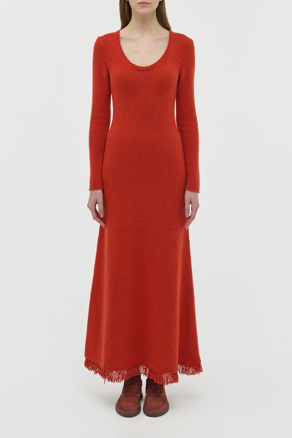 Maribel Fringe Knit Maxi Dress in Antelope Orange Cashmere