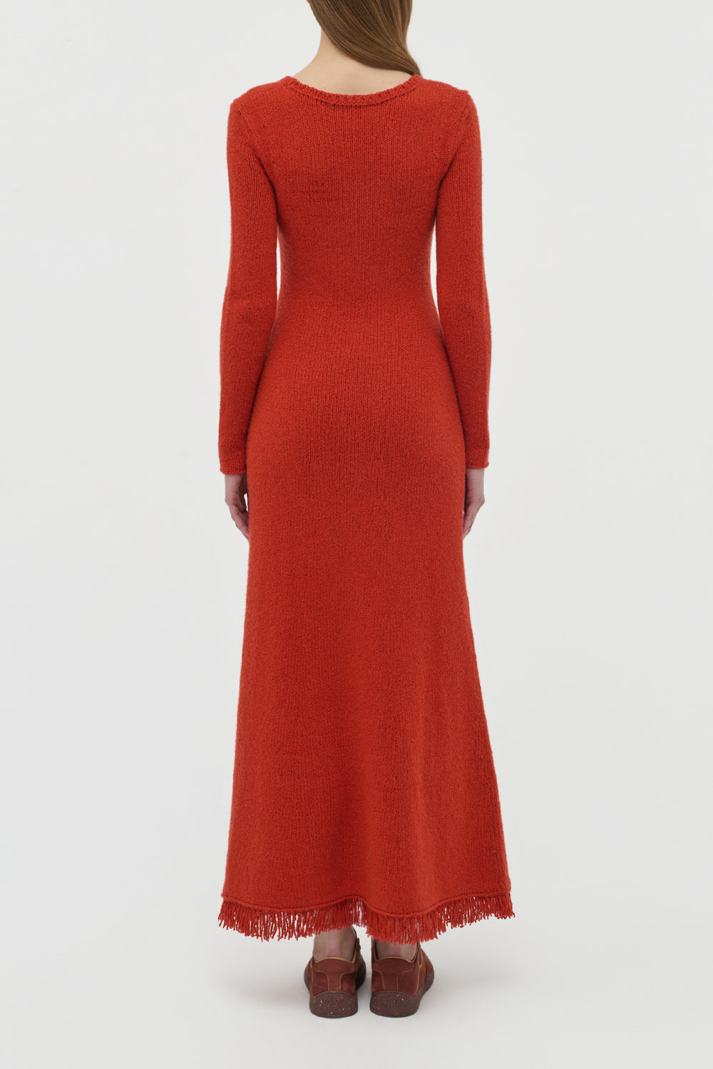 Maribel Fringe Knit Maxi Dress in Antelope Orange Cashmere