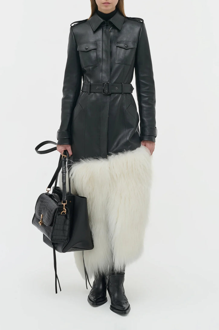 Isak Trench Coat in Black Soft Leather & Ivory Cashmere Shearling