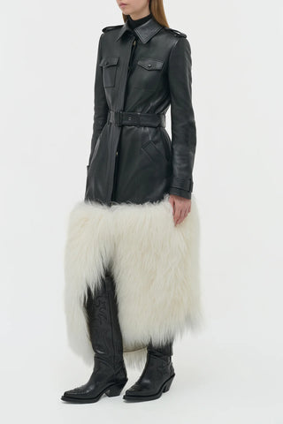 Black Leather Isak Trench Coat with Ivory Shearling - Side Profile on Model | Gabriela Hearst