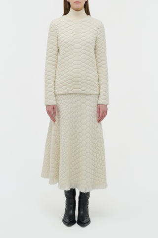 Kanta Fringe Knit Midi Skirt in Ivory Cashmere