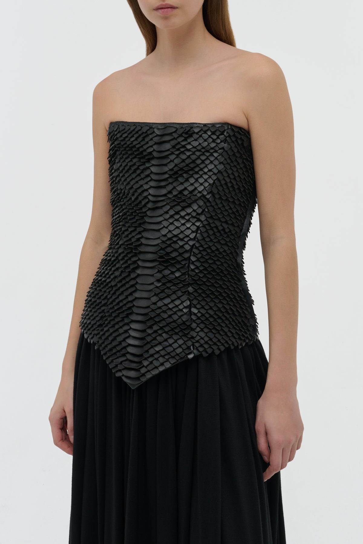 Estrid Strapless Dress in Black Leather Snake Scales