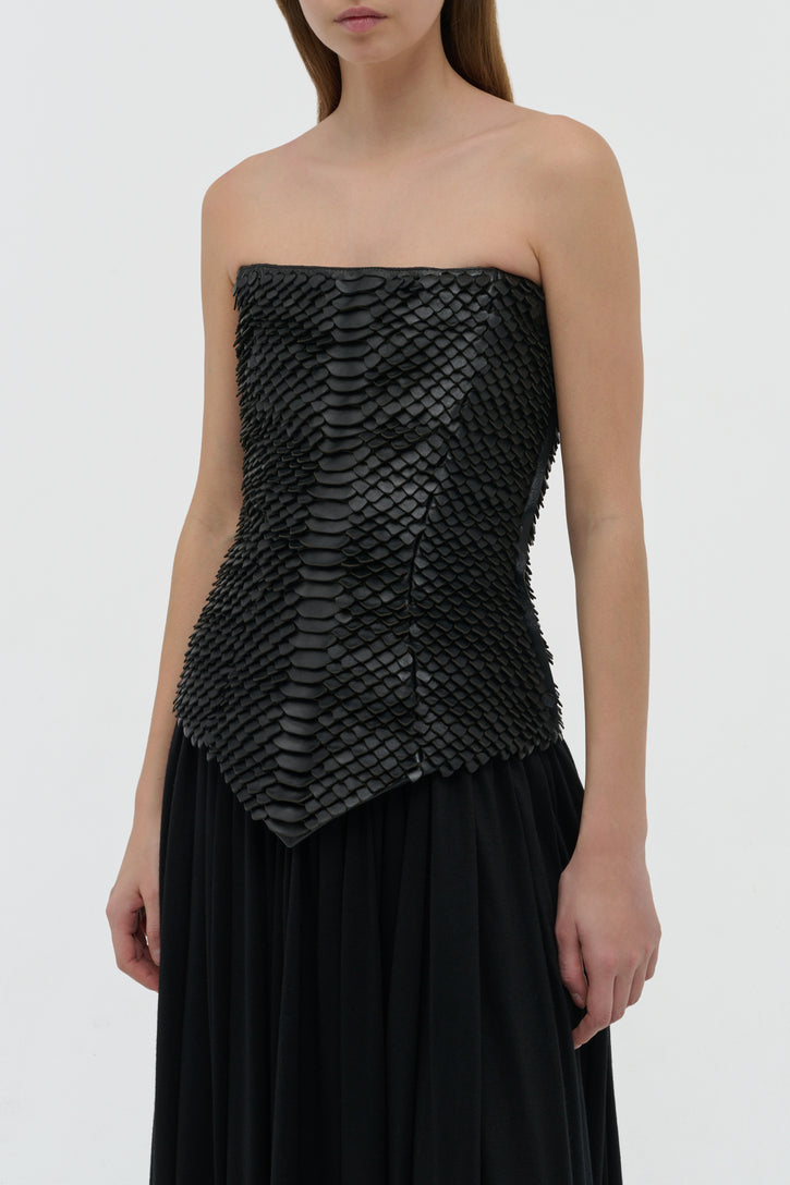 Estrid Strapless Dress in Black Leather Snake Scales